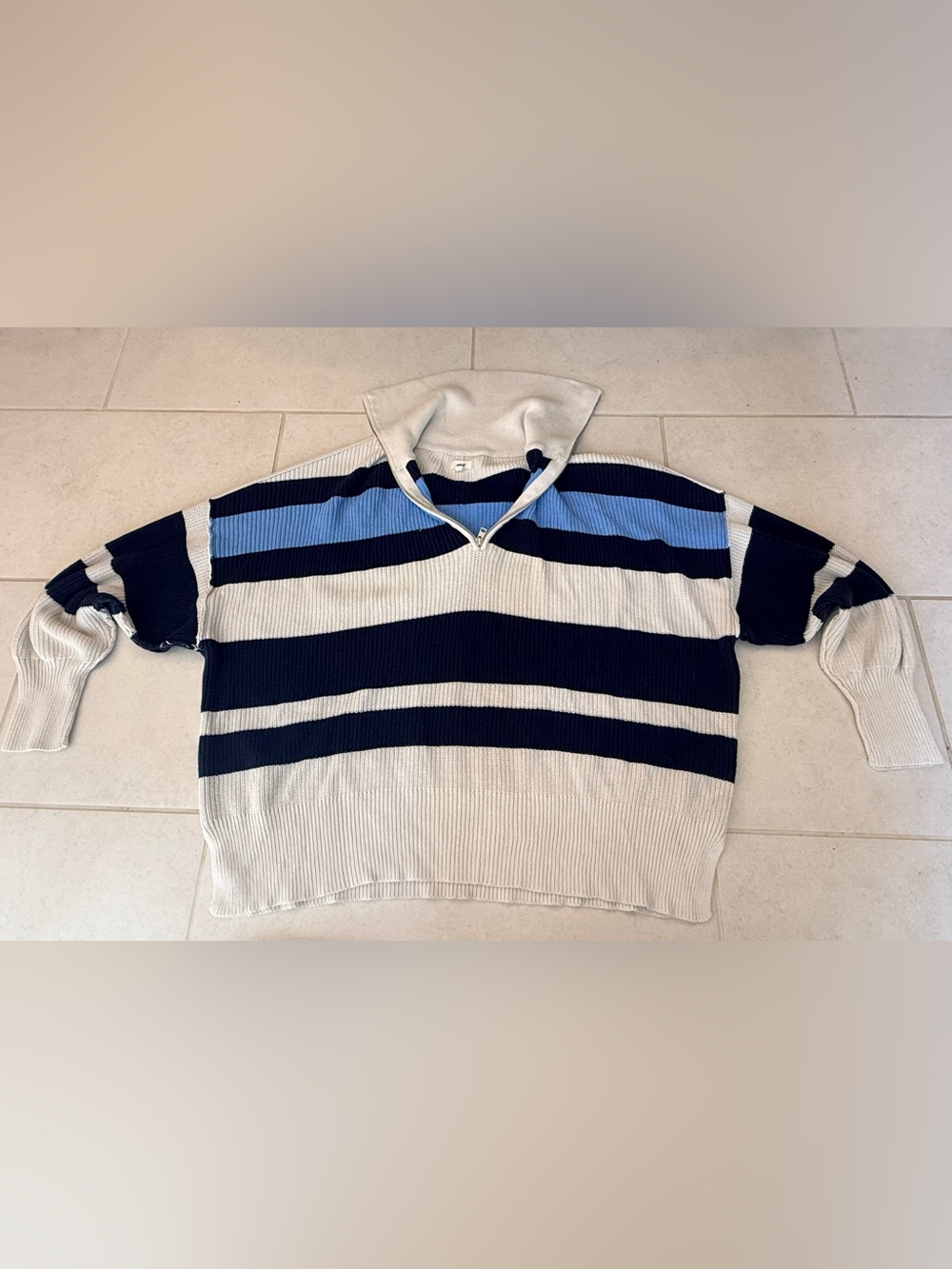aerie Quarter-Zip 100% Cotton Blue Striped Oversized Sweater